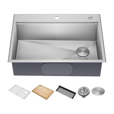 Durable 32inch Above Corner 16/18Gauge SUS304 Stainless Steel Workstation Kitchen Sinks Undermount Single Bowl Soundproof Multifunction Sink With Cutting Board & Accessories