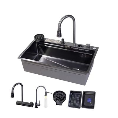 Tiktok New Trend Large 40 Inch Modern Golden Workstation Sinks One Piece Waterfall Faucet 304 Stainless Steel Kitchen Sinks Basin Bionic Honeycomb Black Kitchen Sink